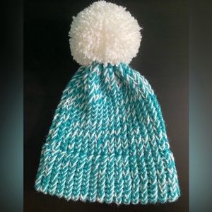 New Handmade Knit Beanie- Turquoise/White
